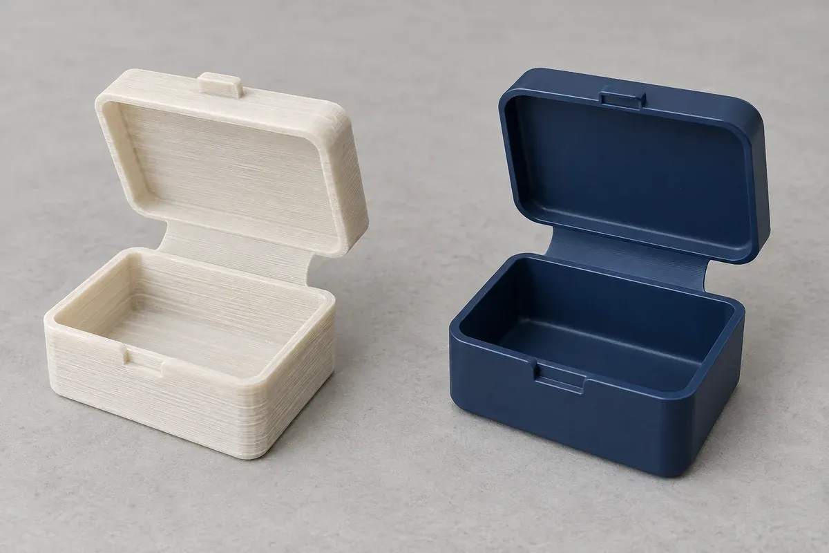 Layer-textured printed hinge concept beside a smooth molded hinge design example