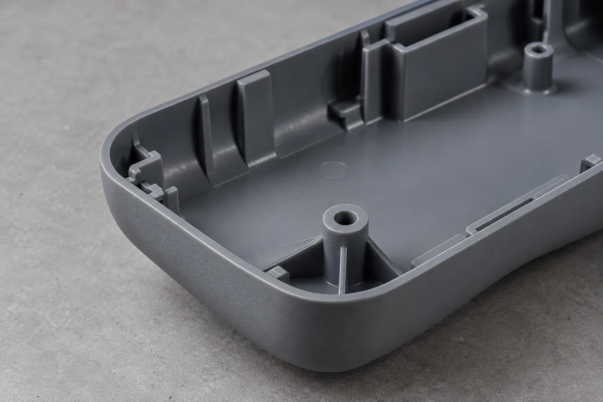 Close view of a handheld housing corner with its inner wall, rib and hollow boss