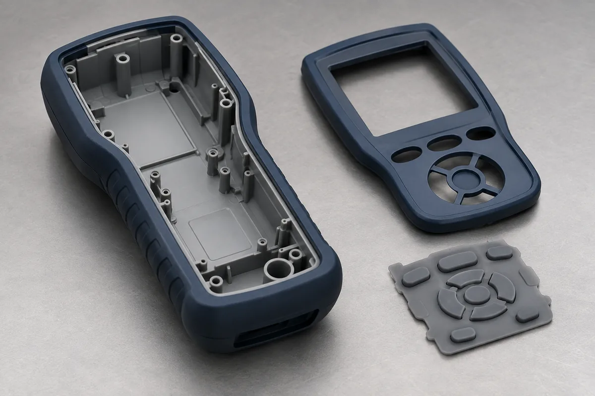 Separated handheld enclosure, display bezel and button pad design examples