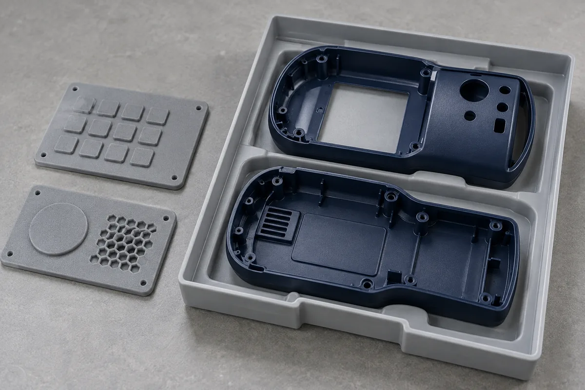 Molded resin plaques and empty device housing in a sample tray