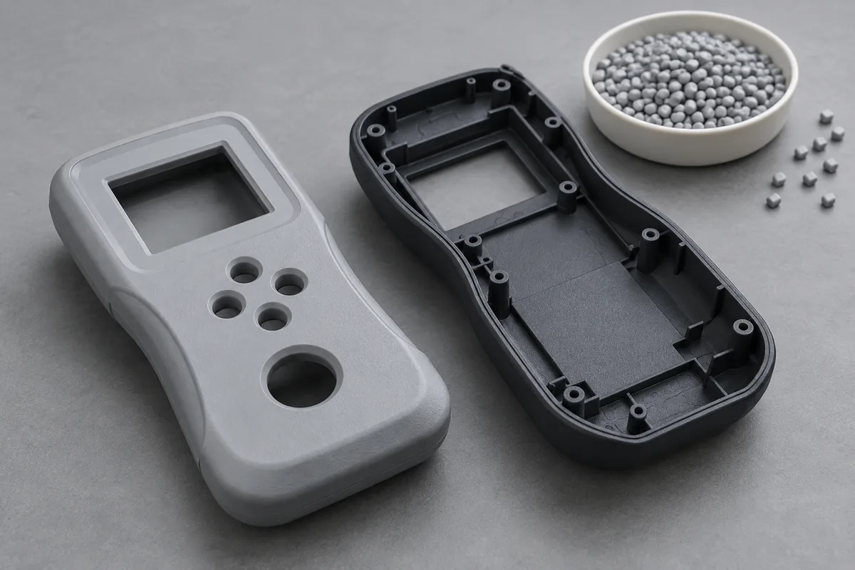 Gray and charcoal handheld enclosure design examples beside a small dish of resin granules