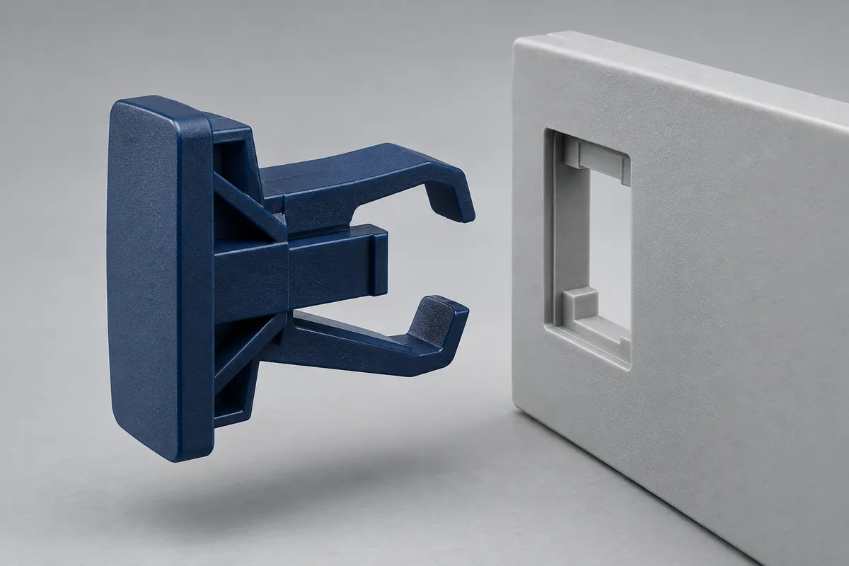 Illustrative separate clip and mating panel showing the approach to a receiving window