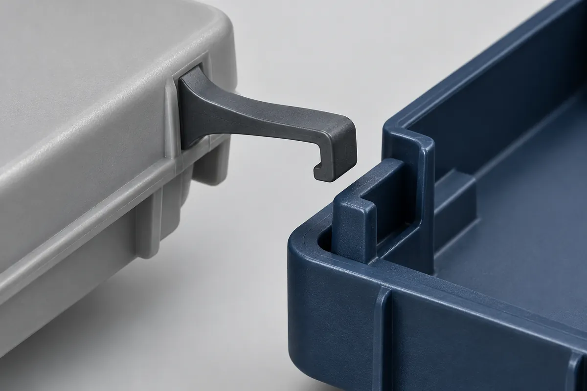 Illustrative molded cover with a flexible cantilever latch and its receiving frame