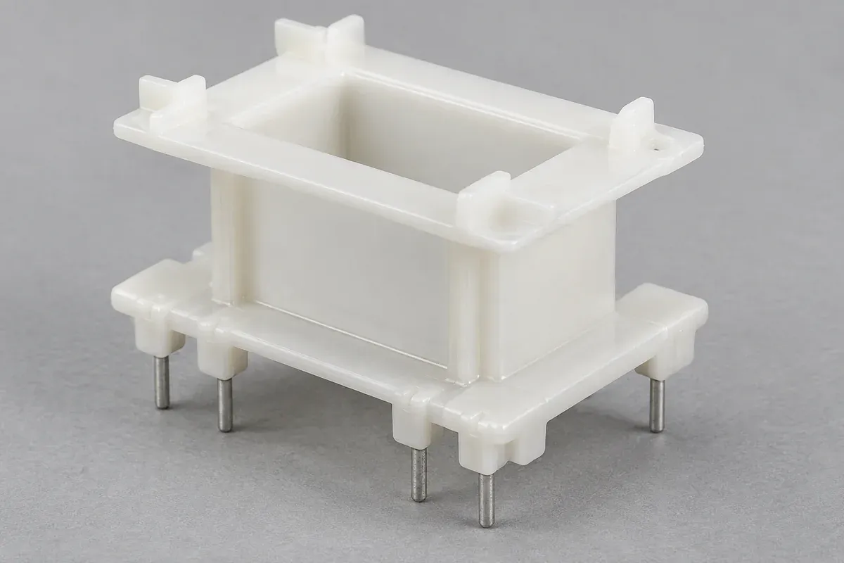 Molded plastic surrounding terminal pin roots on a rectangular coil bobbin