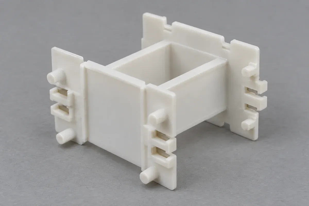 Underside of a plastic coil former showing routing slots and terminal support features
