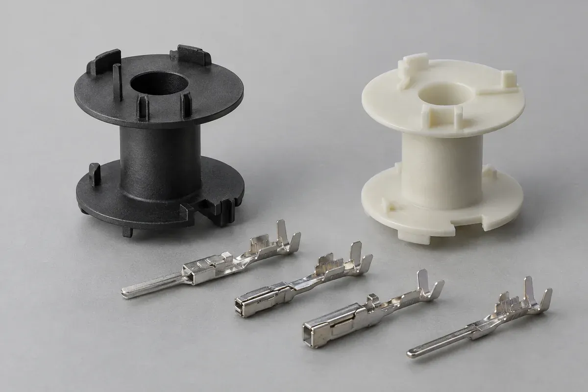 Empty molded coil bobbins with separate terminal pins arranged on a neutral workbench