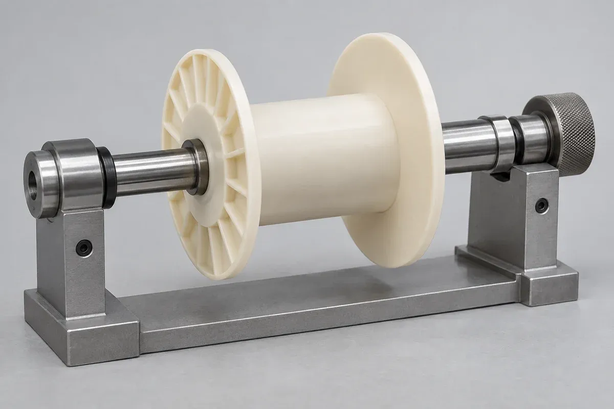 Empty plastic bobbin supported on a simple shaft fixture