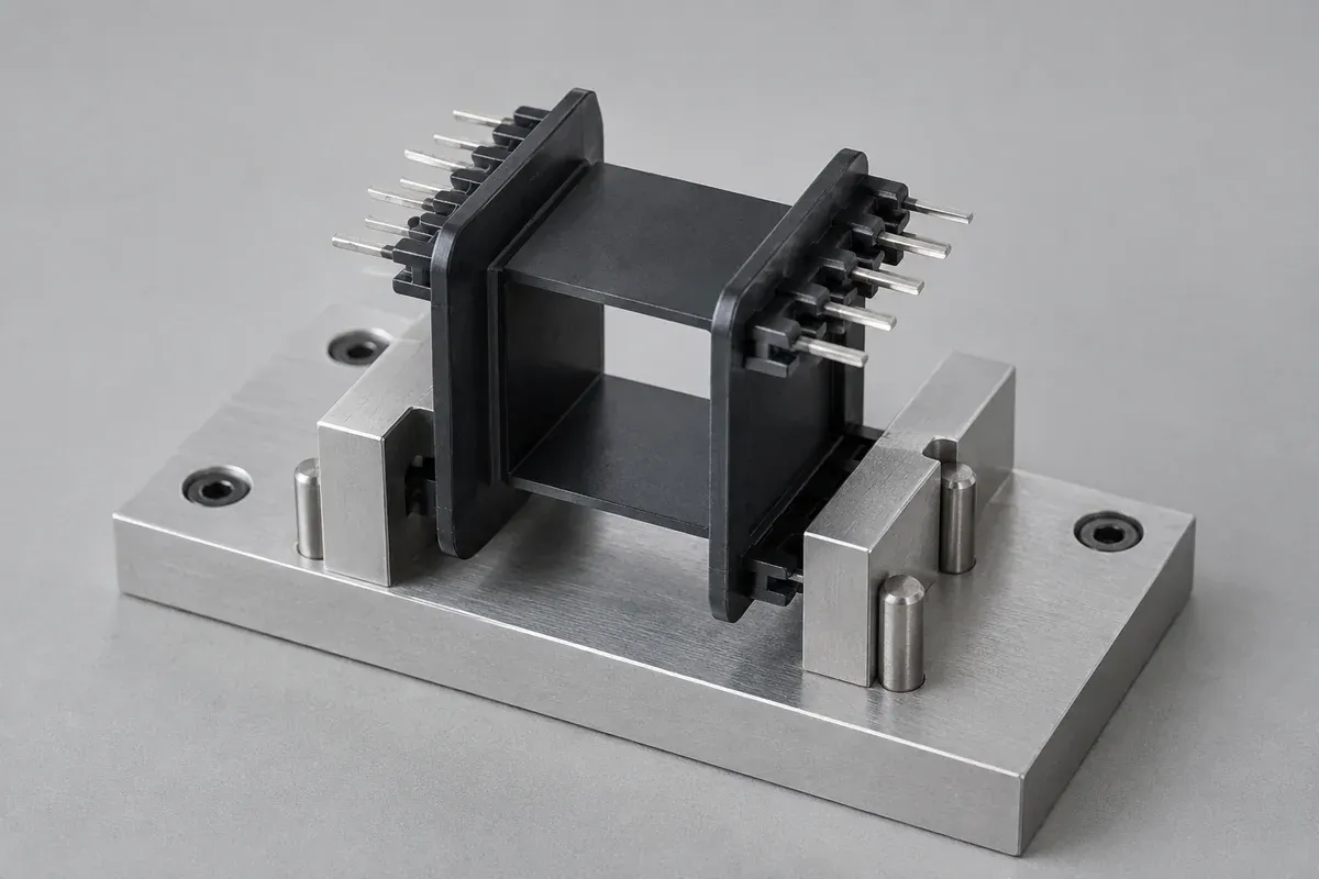 Rectangular coil bobbin with terminal pins located in an inspection nest