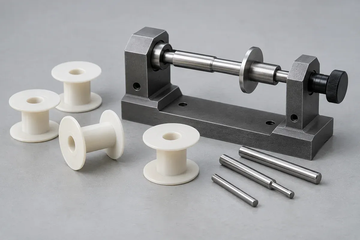 Empty plastic coil bobbins beside a simple winding support and inspection pins