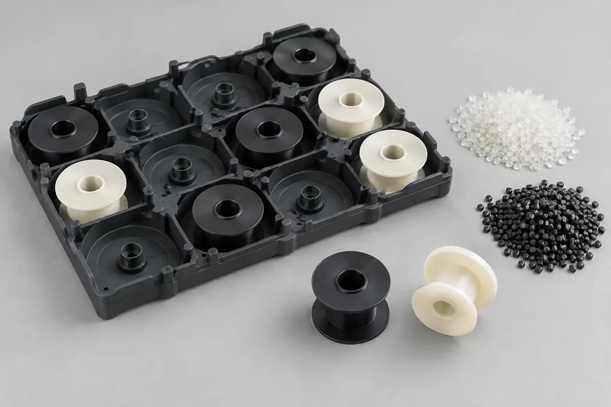 Separated bobbin specimens and resin pellets arranged in a compartment tray
