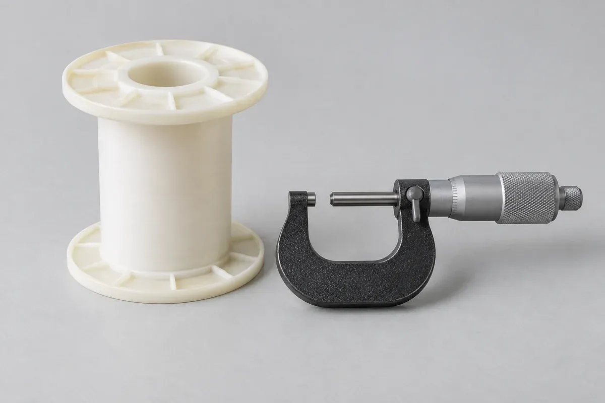 Plastic coil former beside an unmarked measurement instrument
