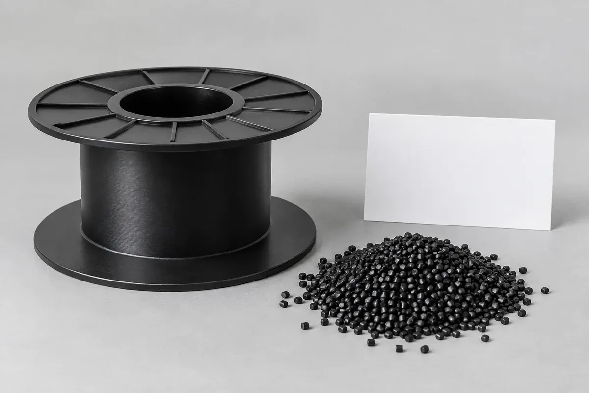 Plastic coil former beside plain resin pellets on a neutral inspection bench