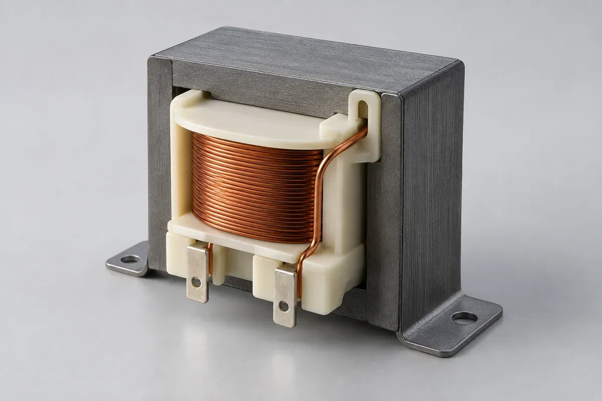 Lead wire routed from a coil winding through the flange of an illustrated bobbin assembly