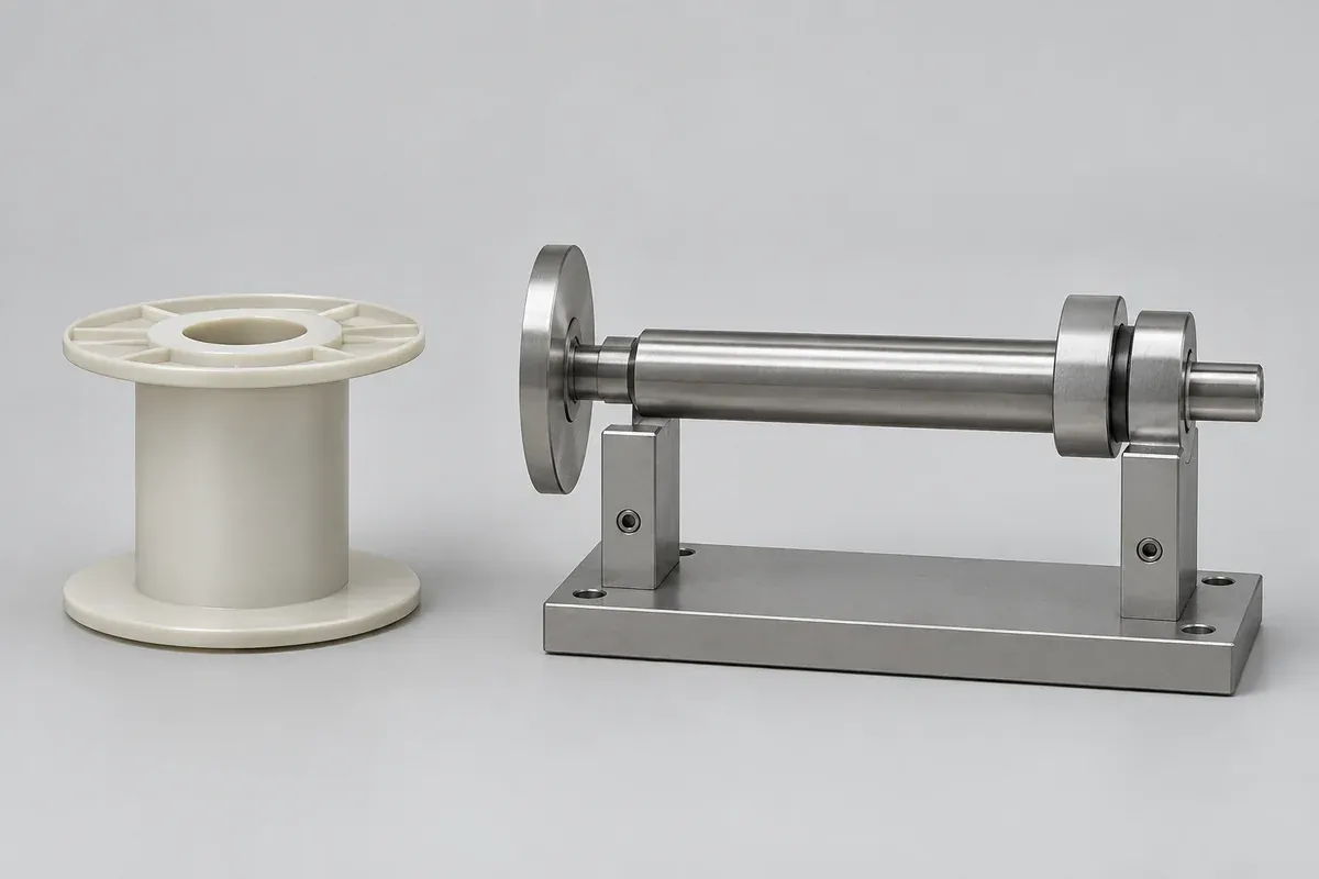 Empty plastic bobbin beside a simple shaft fixture used to discuss winding support