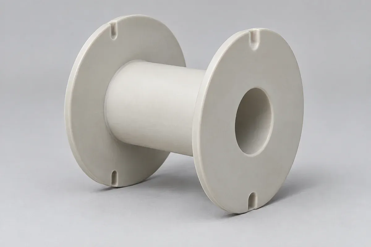 White plastic coil former with visible winding barrel, flange edges and lead slots