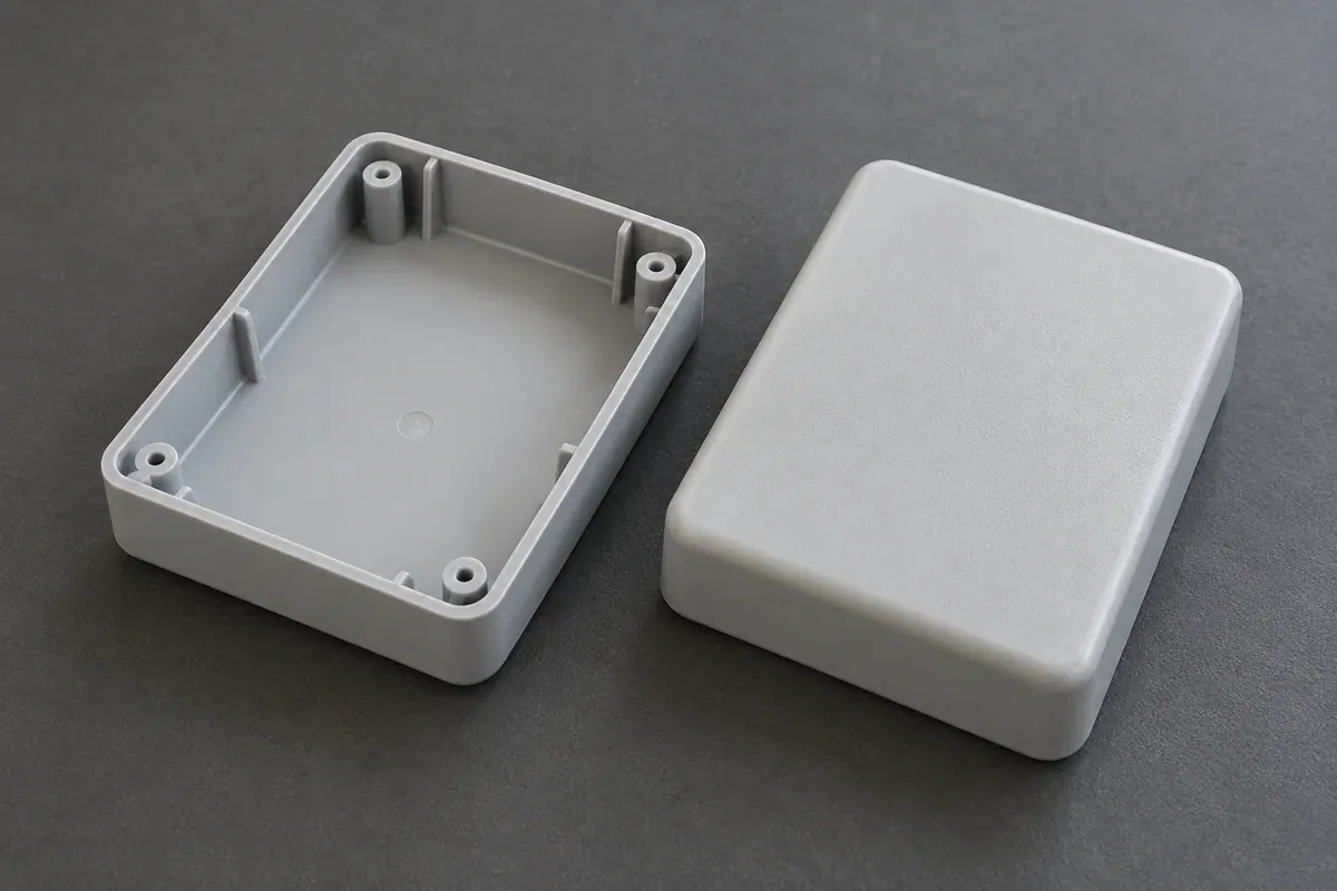 Illustrative molded enclosure shells shown from the inside and outside