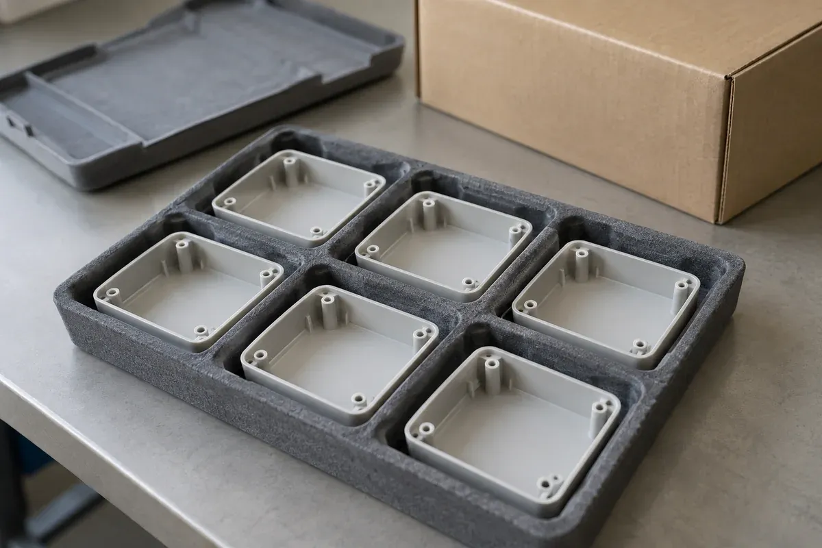 Illustrative molded housings separated in protective packing trays