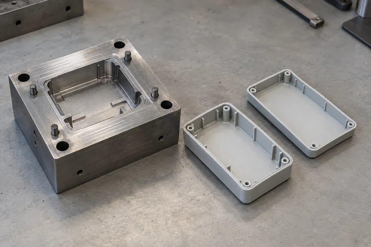 AI-generated illustration of mold tooling and plastic housings for a quotation comparison