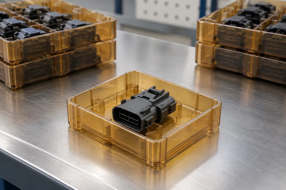 One carrier isolated in an amber holding tray beside separated sample groups