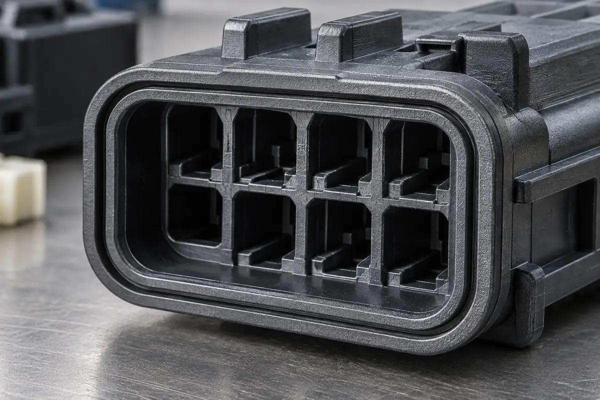 Terminal-window walls and outer sealing land on a connector body