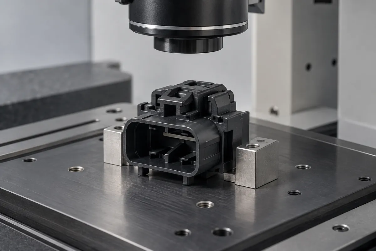 Connector body under an optical measurement lens with locating pads visible