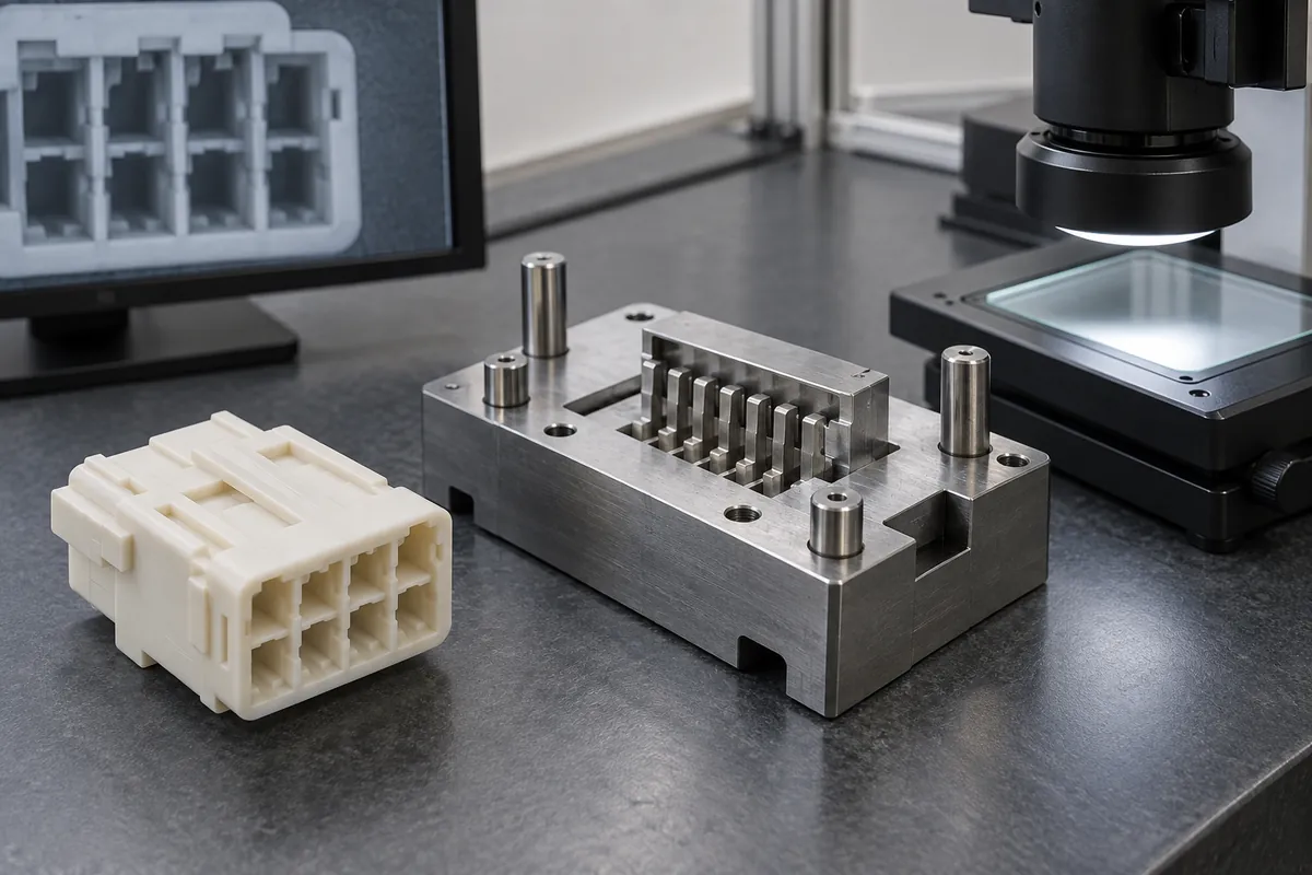 Molded connector body beside a checking fixture and optical inspection equipment