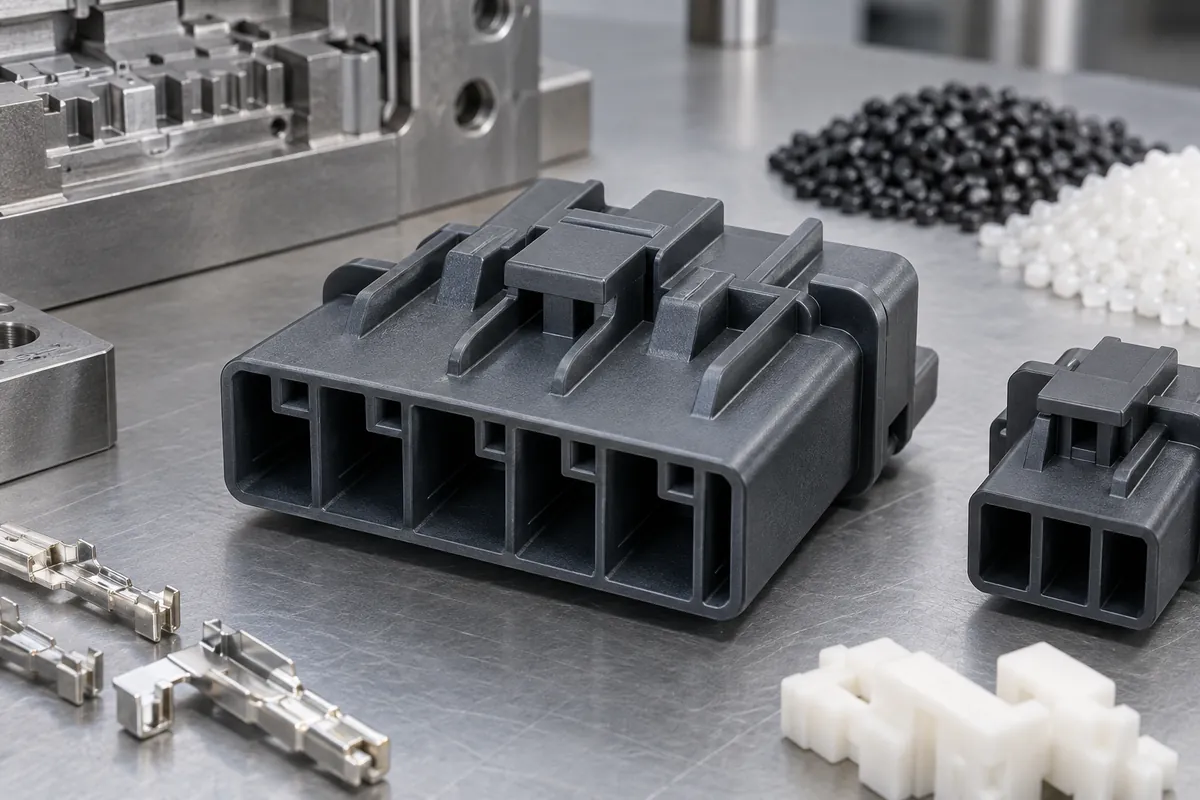Close detail of connector locating ribs and terminal-window entrances