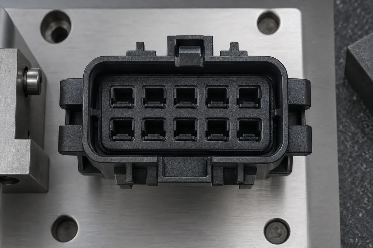 Top view of a molded connector terminal-window array