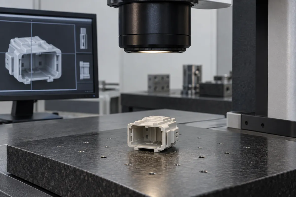 Connector insulating body under an optical inspection head