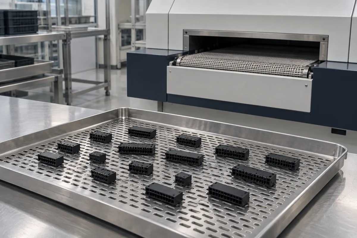 Molded connector insulating bodies on a thermal-process tray