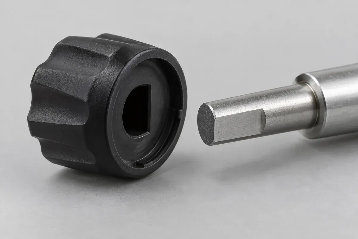 D-shaped shaft positioned beside the matching bore of a plastic knob