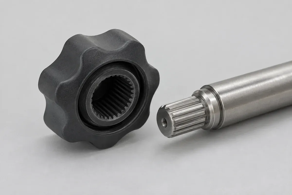 Splined shaft aligned with the underside of a molded plastic knob