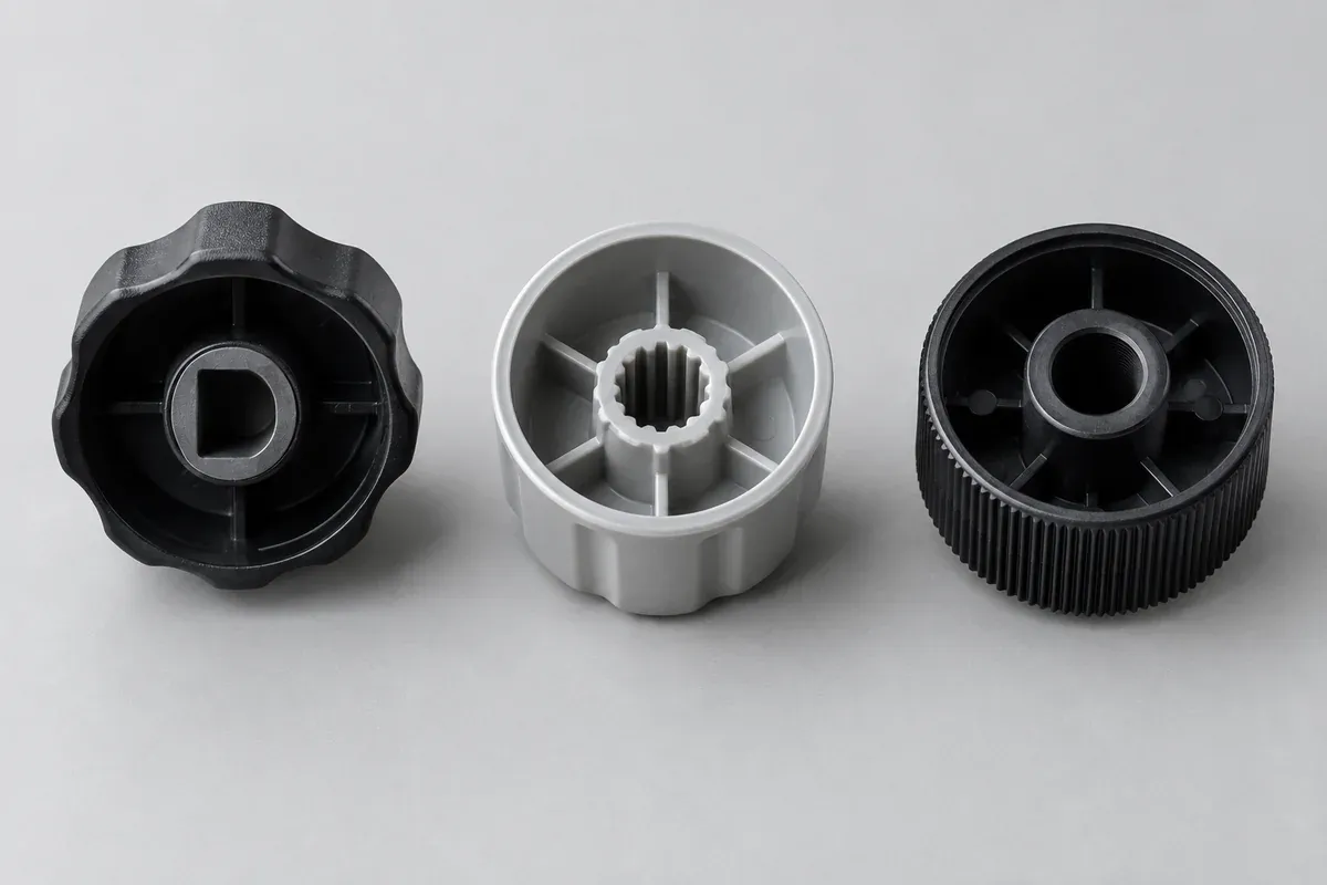 Undersides of plastic control knobs illustrating different shaft interface concepts