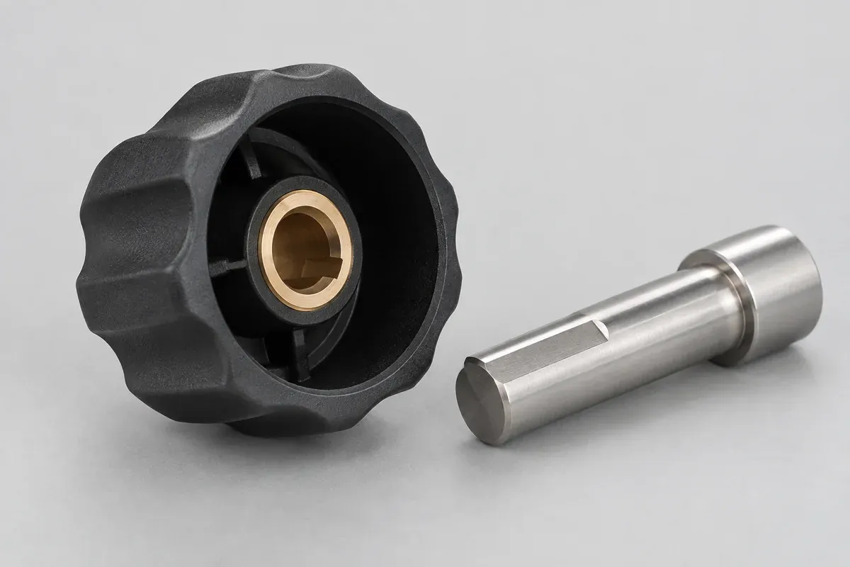 Plastic knob insert and separate shaft shown before assembly