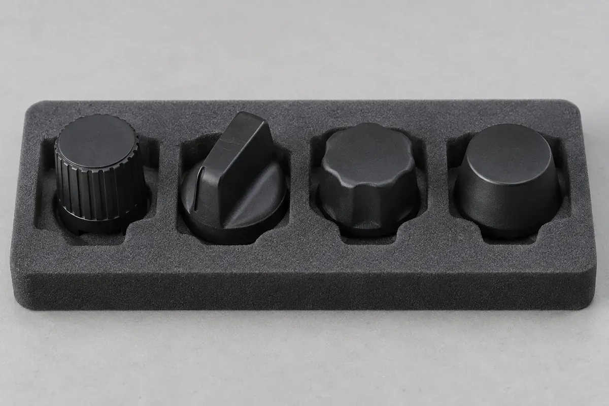 Separate molded plastic knob samples arranged in a protective inspection tray