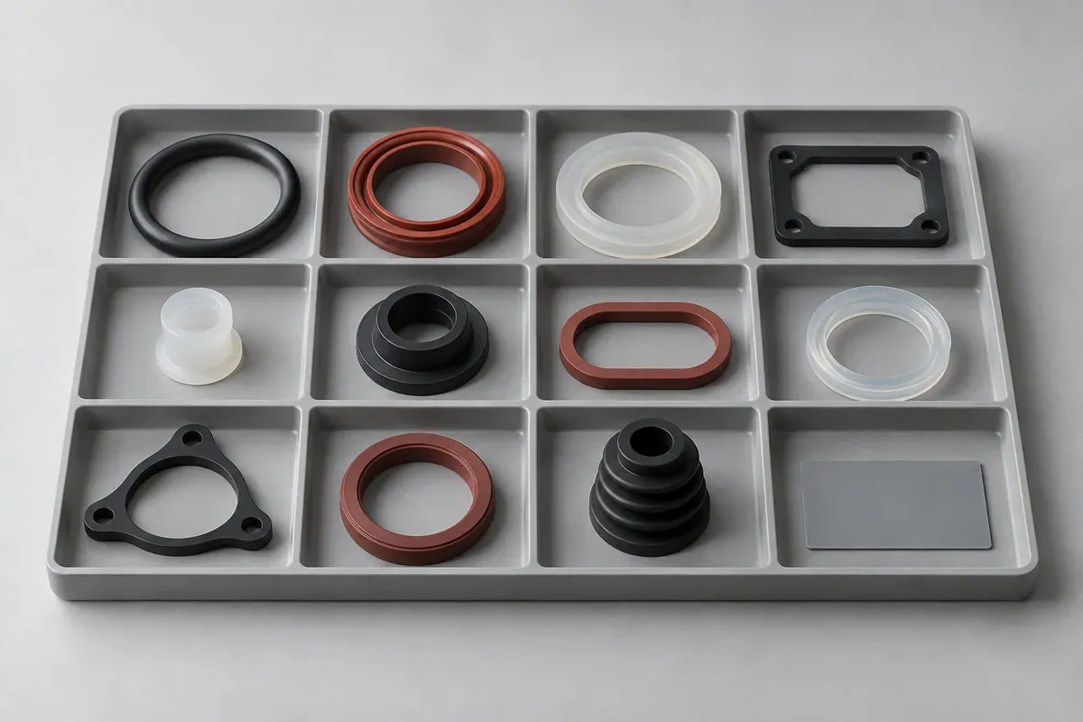 Molded silicone samples protected individually beside an unmarked color swatch