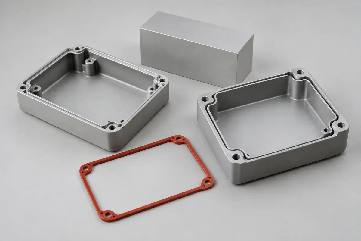 Custom silicone seal arranged with its mating enclosure halves and assembly hardware