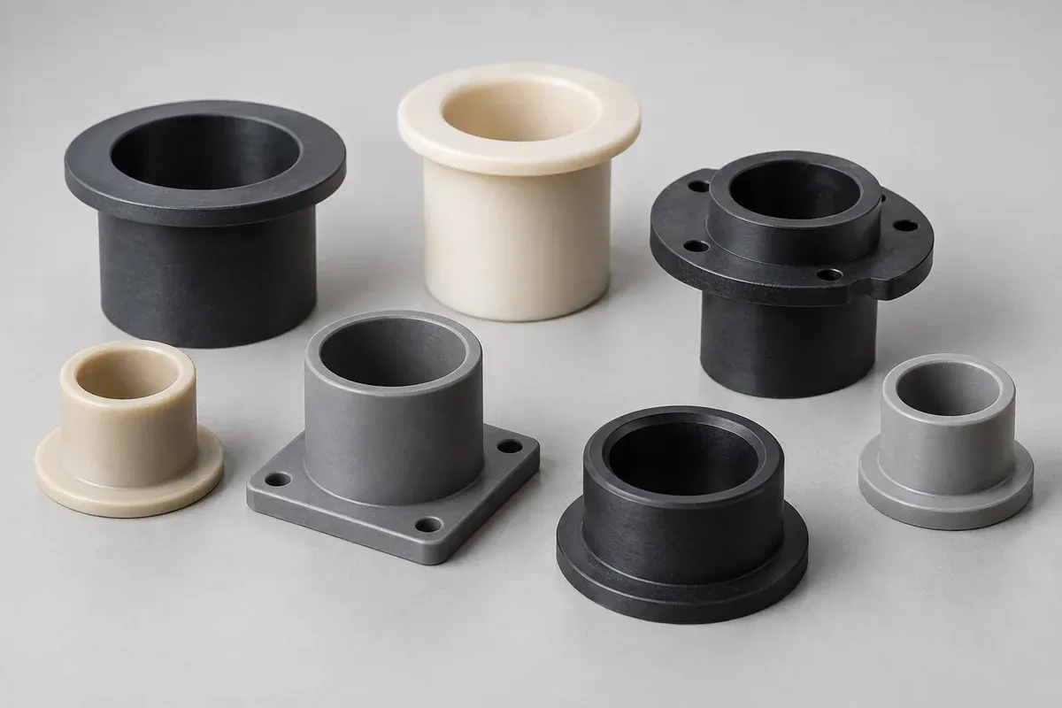 Family of custom molded sleeves and flanged bushings with distinct locating features