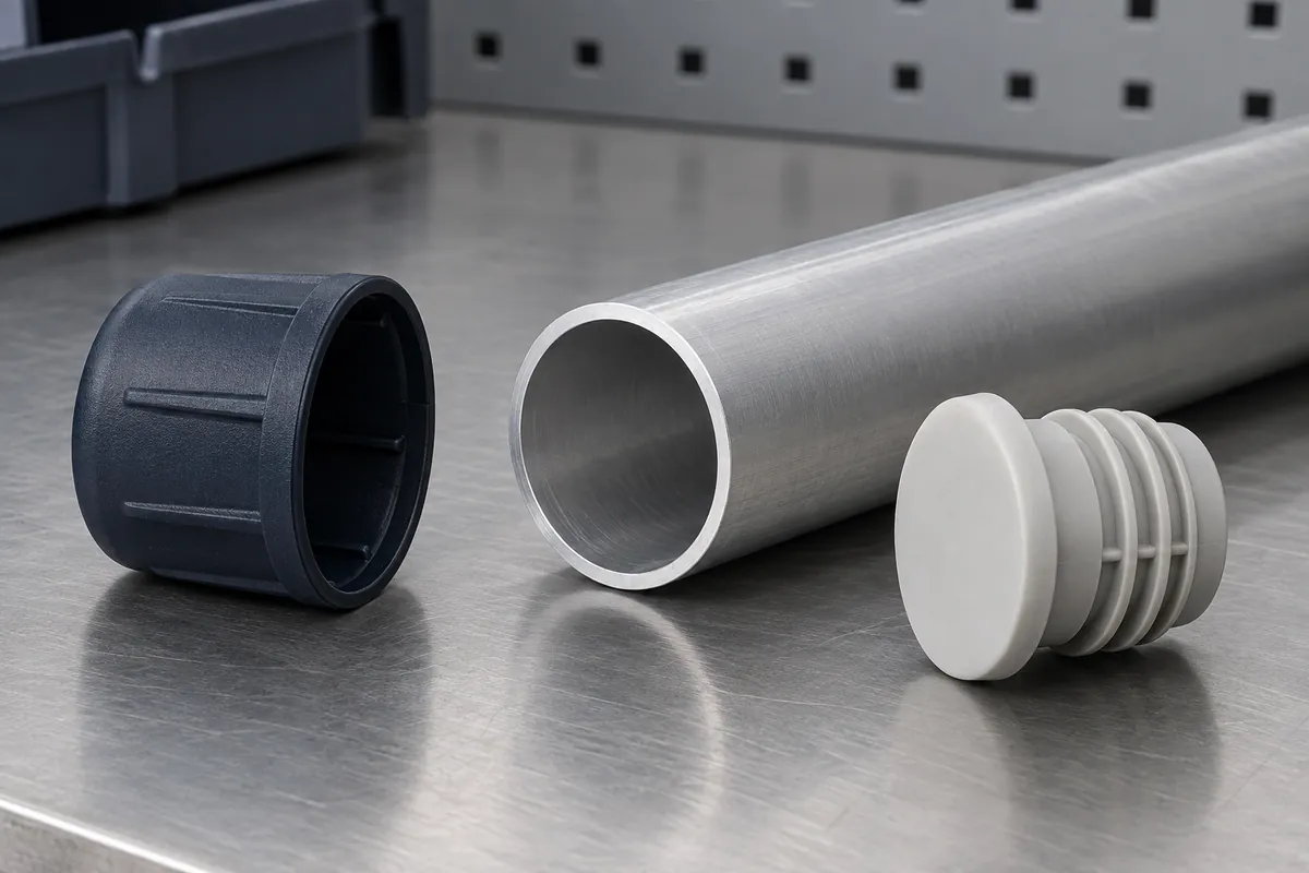 External cap and internal plug beside an exposed aluminum tube end