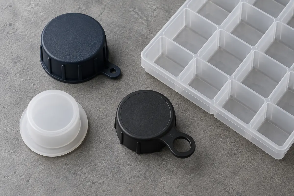 Protective caps beside separate packaging compartments