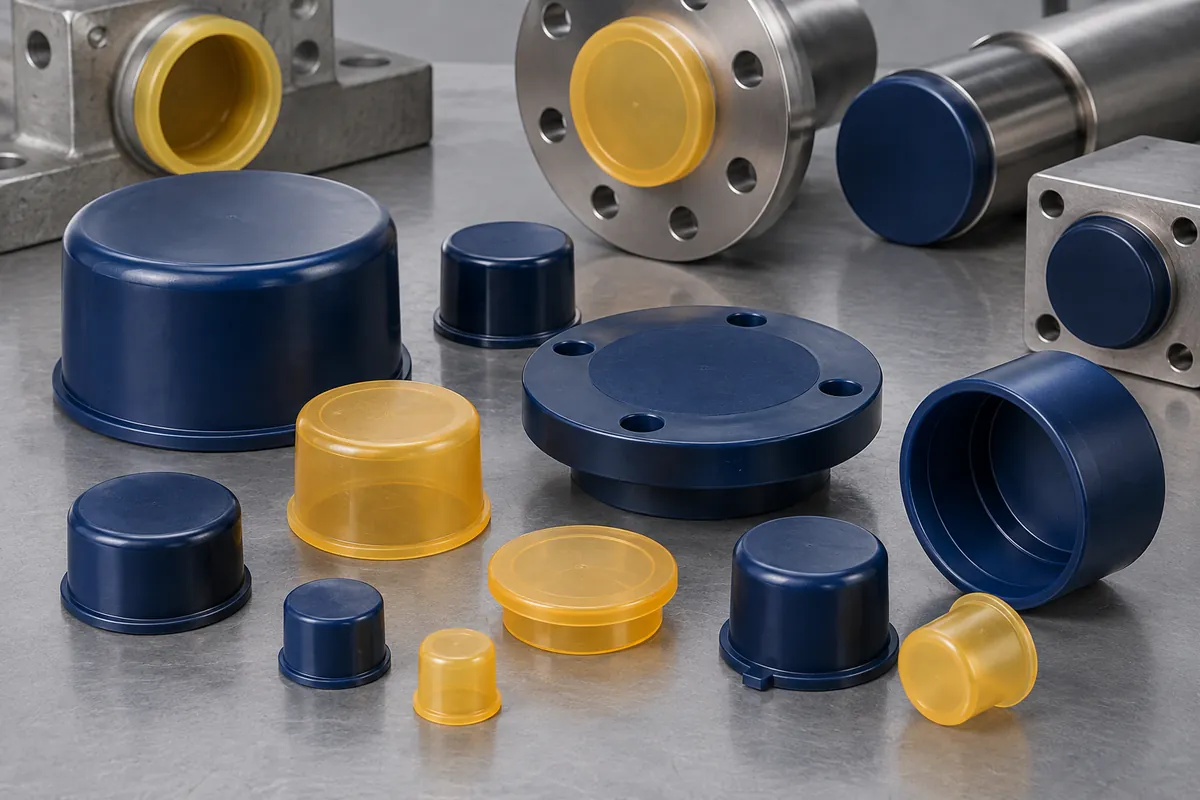 Navy and amber industrial protective cap and plug design examples