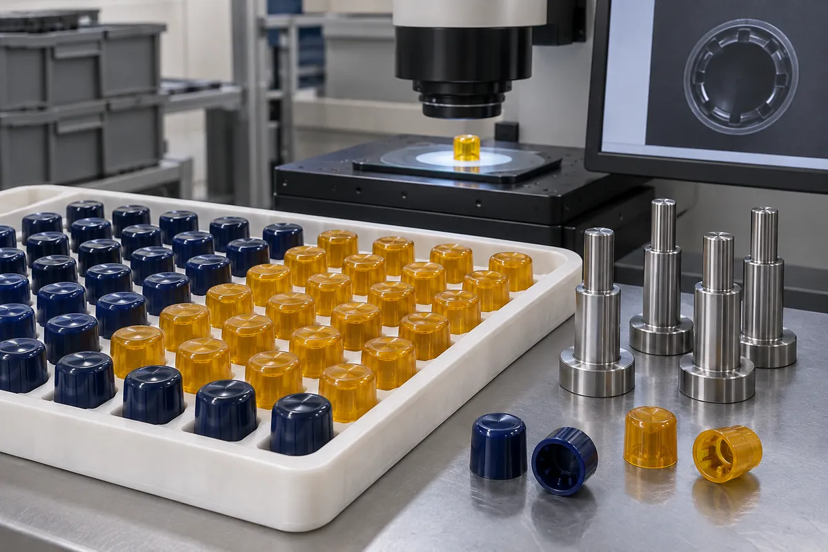 Individual protective caps beside an optical inspection station and mating mandrels