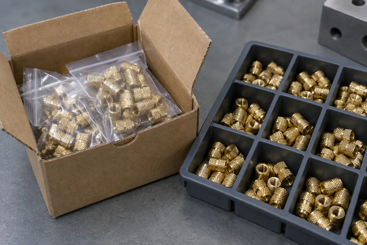 Illustrative separate packages and compartment trays containing different brass insert batches
