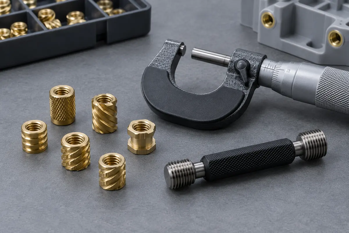 Illustrative measuring tools and thread gauges beside incoming brass inserts on an inspection mat