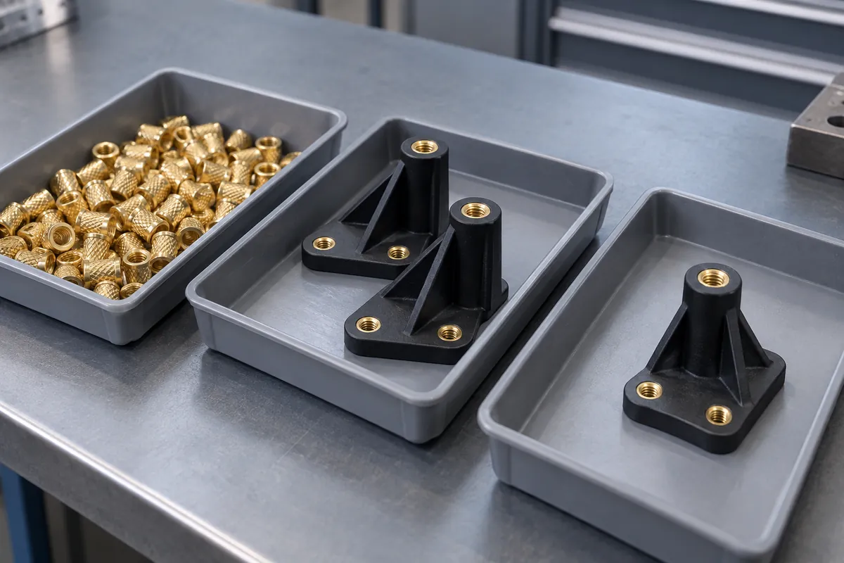 Illustrative segregated trays of loose inserts, molded brackets and held inspection samples