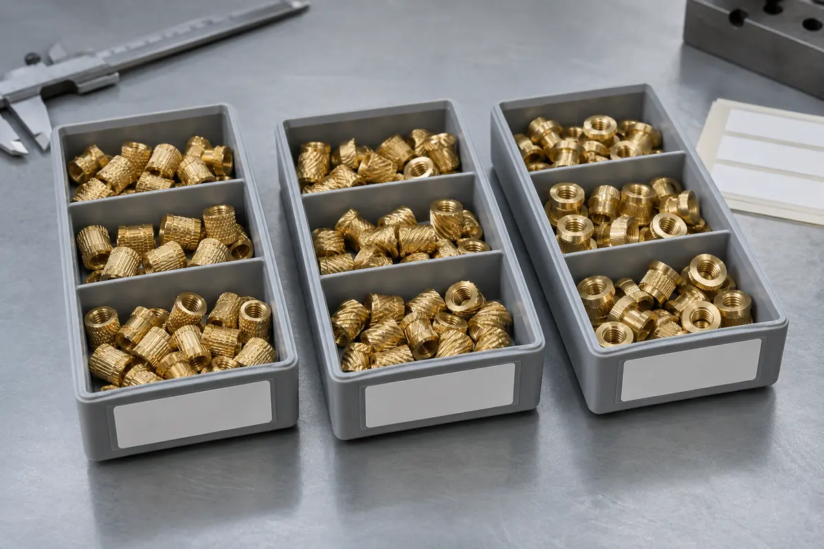 Illustrative separate trays of brass threaded inserts prepared for incoming quality review