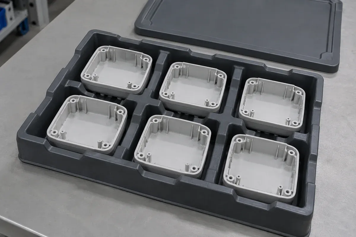 Illustrative rigid substrates separated in individual tray compartments