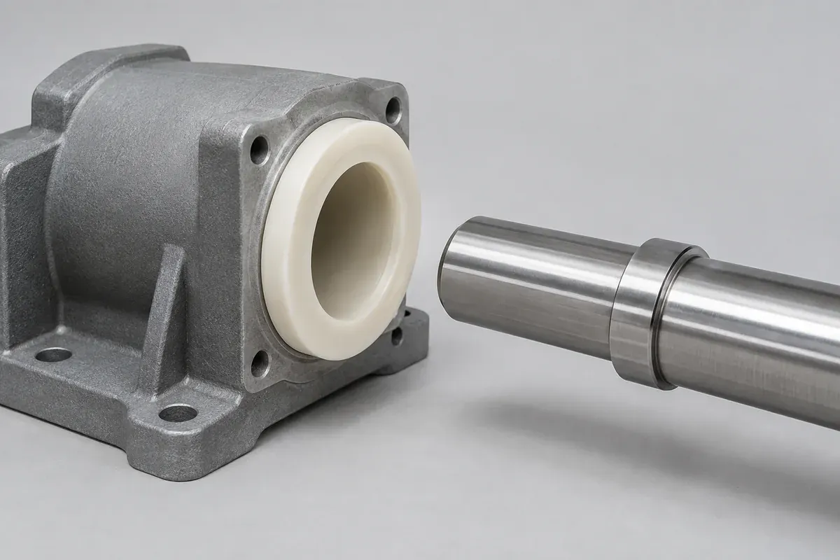 Flanged polymer bushing seated at the face of a housing with a separate shaft
