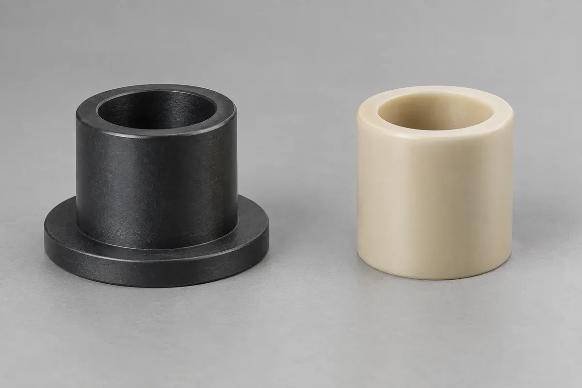 Flanged and straight sleeve bushings side by side with their open bores visible