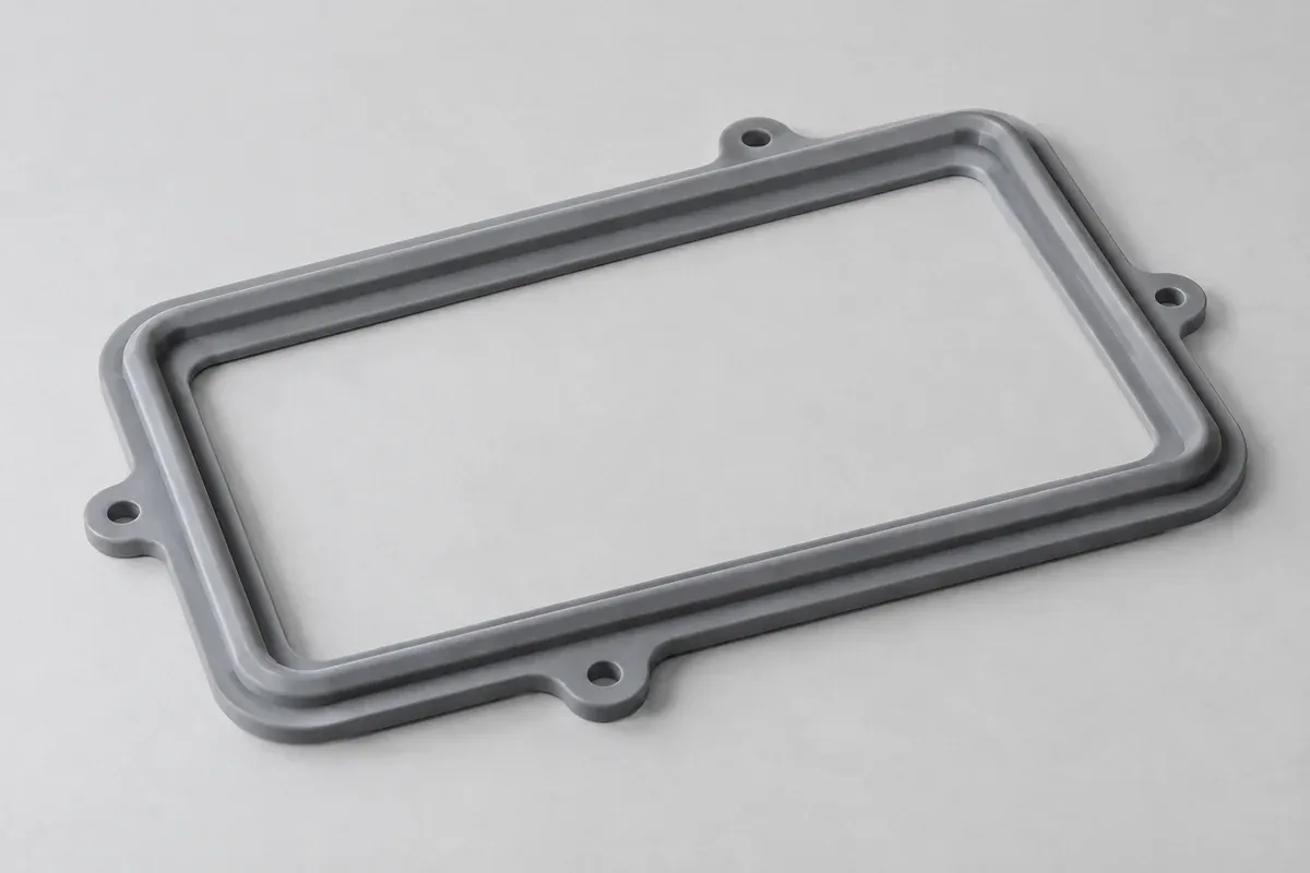Molded silicone seal with raised bead, curved corner and locating tabs